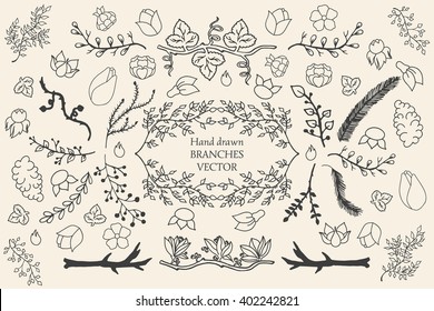 Ink illustration.Hand drawn collection of rustic and floral design elements. Tree branches, flowers, plants and leaves ink silhouettes. 