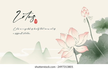 Ink illustrations of lotus flowers in full bloom