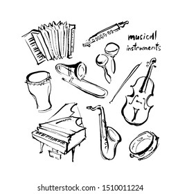 Ink illustrations of musical instruments.