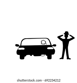 Ink image of car failure with broken windshield