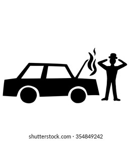Ink image of car failure with smoke over engine