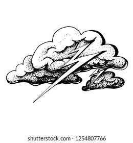 Ink image of clouds
and shafts of lightning.