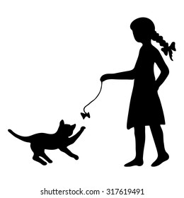 Ink image little girl playing with kitten