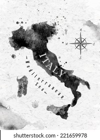 Ink Italy map in black and white graphics in vintage style.