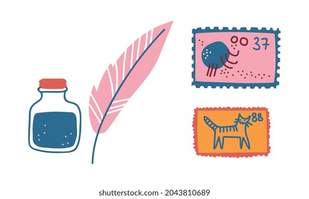 Ink Jar with Quill and Postage Stamps as Postal Symbol Vector Set