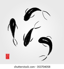  Ink koi hand drawn illustration in traditional Japanese painting style sumi-e. Vector illustration with fishes.