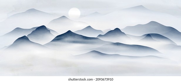 Ink landscape background with mountains and hills with sun in cold blue tones. Watercolor art banner for design decoration, home interior, wallpaper, print