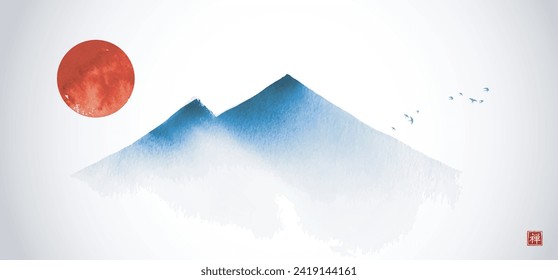 Ink landscape with far blue misty mountains and big red sun. Simple and clean minimalist style. Traditional oriental ink painting sumi-e, u-sin, go-hua. Hieroglyph - zen.