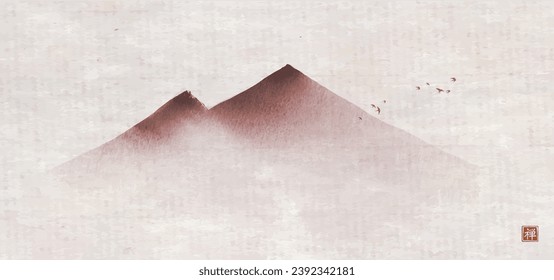Ink landscape with  misty mountains and birds in the sky on vintage background. Simple and clean minimalist style. Traditional oriental ink painting sumi-e, u-sin, go-hua. Hieroglyph - zen.