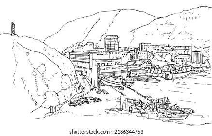 Ink landscape of the seaport with mountains in the background, view from the hill Nikolskaya Sopka, street Krasintsev, 1, Petropavlovsk-Kamchatsky, Russia