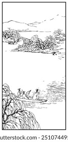 Ink line art features serene riverside scene with boaters under trees, distant rolling hills, and village huts nearby, creating a tranquil landscape composition.