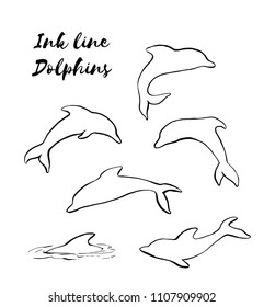 Ink linear dolphins set vector illustration