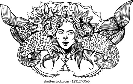 Ink logo with mermaid head. Vector ink illustration. Black and white logo. Tattoo design. Sea illustration.