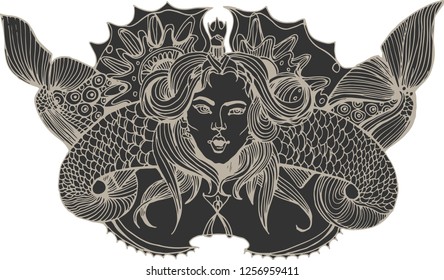 Ink logo with mermaid head. Vector ink illustration. Black and white logo. Tattoo design. Sea illustration.  Black silhouette.