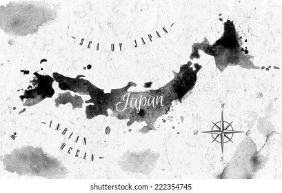 Ink map of Japan in black and white graphics in vintage style