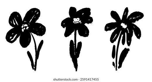 Ink Marker Gouache flowers hand drawn sketches illustrations. Dry brush stroke simple minimalistic floral doodles isolated on white for cosmetics, kid education