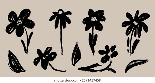 Ink Marker Gouache flowers hand drawn sketches illustrations. Dry brush stroke simple minimalistic floral doodles isolated on white for cosmetics, kid education