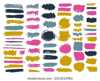 Ink messy brush stroke vector batch. Hand drawn inkblot streak old shapes. Stripe spot web sticker silhouette set. Brush stroke oil spots drawing.