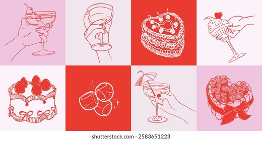 Ink minimal hand drawn line art illustrations of cakes, drinks, and desserts, including glasses with cherries, heart-shaped cakes, sundaes, and strawberries, perfect for celebration and sweet-themed 