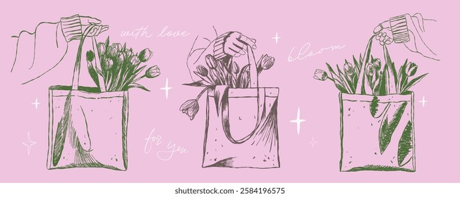 Ink minimal hand drawn line art illustrations of hands holding bags filled with blooming tulips, with messages like With Love, For You, and Bloom, perfect for floral-themed greetings and celebrations