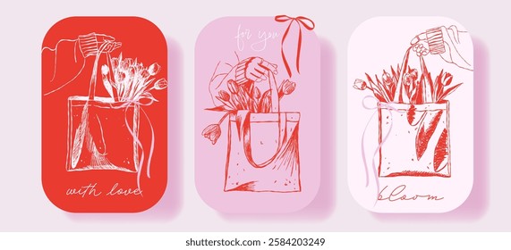 Ink minimal hand drawn line art illustrations of tulips in tote bags with ribbons, floral greeting cards for women, with love, bloom, for you, perfect for special occasions like Women's Day