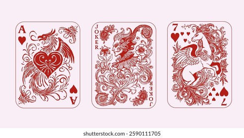 Ink minimal hand drawn sketch line art illustrations of Ace of Hearts, 7 of Hearts, and Joker playing cards in red colors, mythical characters like a phoenix, joker, and winged horse intricate swirls 