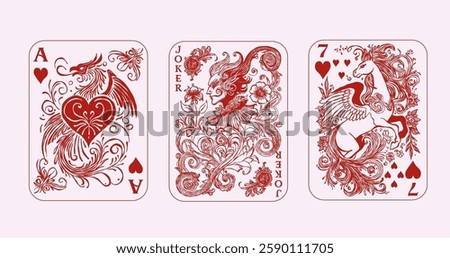 Ink minimal hand drawn sketch line art illustrations of Ace of Hearts, 7 of Hearts, and Joker playing cards in red colors, mythical characters like a phoenix, joker, and winged horse intricate swirls 