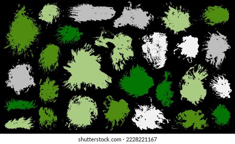 Ink muddy brush stroke vector bundle. Freehand smudge blotch creative shapes. Droplet splash textured sticker silhouette batch. Brushstroke gouache stains drawing.