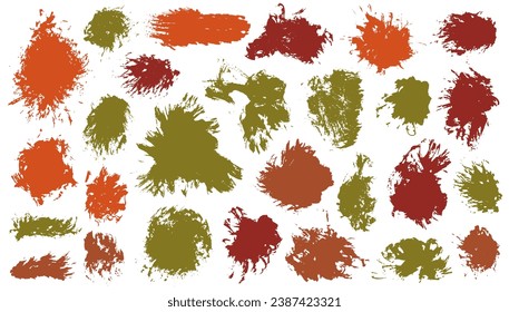 Colección vectorial de trazo de pincel de barro de tinta. Las formas de moda de la mancha de la mancha a mano libre. Grupo de fondo de etiqueta web de manchas de trama. Dibujo de puntos de tinta daub.