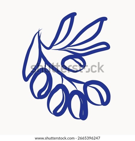 Ink Olive Tree Branch with Berry Abstract Art. Mediterranean Summer Rest and Vacation Tropical Resort Travel Decorative Contour Line Symbol. Fresh Vitamin Vegetarian Diet Food Icon.	
