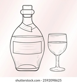 Ink outline illustration of a bottle and wine glass. A corcked bottle of liqoure and half full glass on a delicate stem. Simple minimalistic clipart of drinking glass.