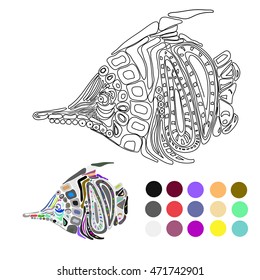ink outlined vector butterfly fish with colored sample. element for coloring book.
