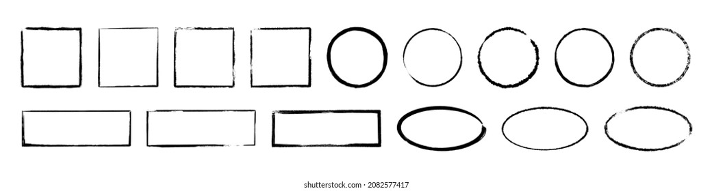 Ink oval, circle and rectangle frames. Grunge empty black boxes set. Ellipse and square borders collections. Rubber stamp imprint. Hand drawn vector illustration isolated on white background.