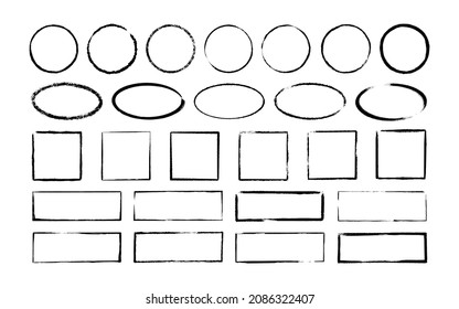 Ink oval, kreisförmig und rechteckig Rahmen. Grunge leere schwarze Boxen Set. Ellipse und Quadrat grenzen Sammlungen. Gummistempelabdruck. Handgezeichnete Vektorgrafik einzeln auf weißem Hintergrund.