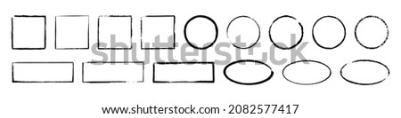 Ink oval, circle and rectangle frames. Grunge empty black boxes set. Ellipse and square borders collections. Rubber stamp imprint. Hand drawn vector illustration isolated on white background.