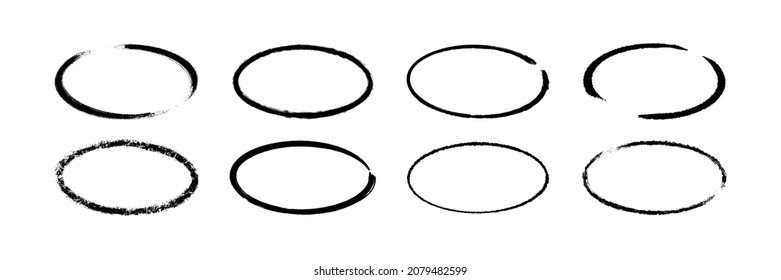 Ink oval frame. Grunge empty black boxes set. Ellipse borders collections. Rubber stamp imprint. Hand drawn vector illustration isolated on white background.