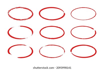 Tintenovaler Rahmen. Grunge leere rote Kisten Set. Ellipse grenzt an Kollektionen. Gummistempelabdruck. Handgezeichnete Vektorgrafik einzeln auf weißem Hintergrund.