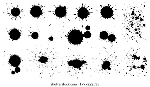 Tintenfarbenblöcke. Einzigartiger schwarzer Tropfen, schmutziger Pinselstrich, die Textur. Dotted-Grunge-Spray-Flecken, abstrakter grafischer MuschelVektorset