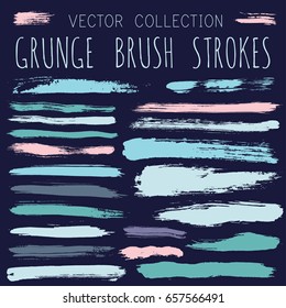 Ink paint brush splashes, blue watercolor brushstroke lines vector collection. Marker pen highlighting traces set. Acrylic smudges, dye stains, color combination. Graffiti hand painted dabs.