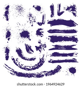 Colección de brochas de pincel de tinta, brochas y manchas. Resumen de elementos artísticos fluidos aislados para el diseño de fondo blanco. Símbolos de plantilla creativa del vector