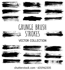 Ink or paint brush stripes vector collection. Set of black brush stroke stripes on white background. Gouache paint  dabs set, brushstrokes design elements. Acrylic, watercolor, wall paint.
