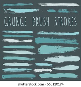 Ink or paint brush stripes vector collection. Set of blue brush stroke stripes on grey background. Gouache paint dabs set, brushstrokes design elements. Acrylic, watercolor, wall paint.