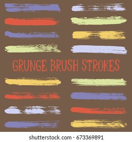 Ink or paint brush stripes vector collection. Set of brush stroke stripes on brown background. Gouache paint dabs set, brushstrokes design elements. Acrylic, watercolor, wall paint.