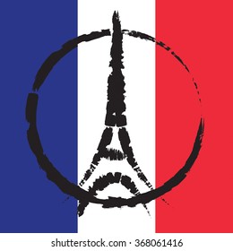 Ink an paint illustration of Eiffel tower symbol on French tri-color