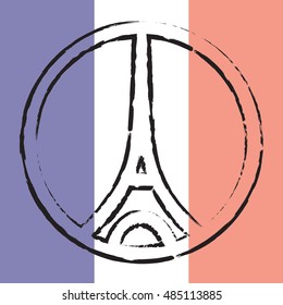 Ink an paint illustration of Eiffel tower symbol on French flag. 
