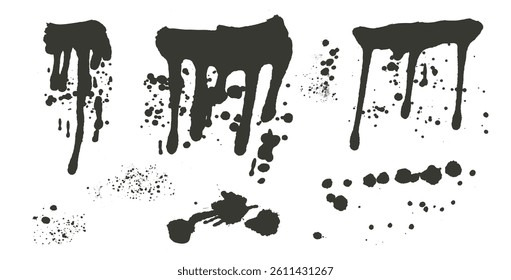 Ink paint liquid aerosol splotches. Vector spray splashes and drops set. Grunge graffiti art melting splats sprayed. Urban street dirty stencil on wall. Graphic water messy spots isolated.
