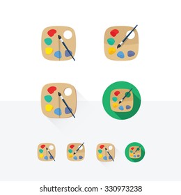 Ink or paint palette icon set vector. Flat cartoon brush with color art palette for drawing.