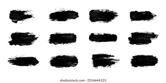 Ink paint strokes and splashes. Vector brushes and black ink splashes, dirt, stain, splatter, blots. Brushes and paint strokes, isolated grunge silhouette. Vector collection grunge brushes