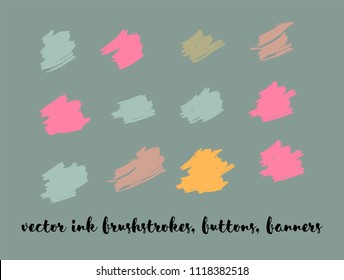 Ink Paint Vector Painted Backgrounds. Bright Colored Brushstrokes, Funky Textures Set. Artistic Colorful Button Collection. Grunge Dirty Vector Painted Backgrounds. Paintbrush Smeared Border.