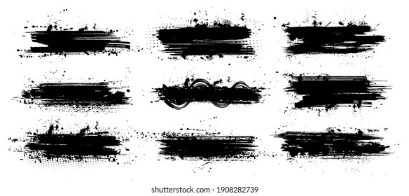 Ink paintbrush template with splashes. Vector collection black grunge paintbrush, ink brush stroke. Dirty artistic design elements. Inked splatter, dirt stain, splatter, brush with drops blots. Vector